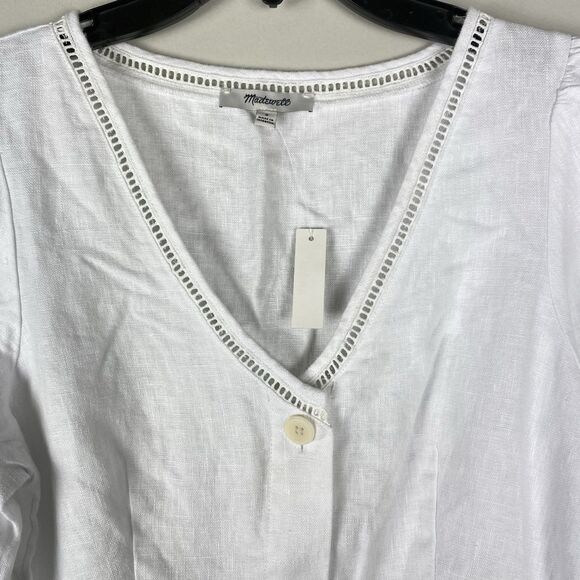 Madewell Cassie Button-Front Midi Dress Small Linen eyelet sleeves white NWT - Picture 6 of 11